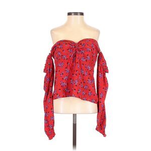 Allison New York 100% Silk Red Floral Off Shoulder Ruffle Sleeve Top Womens S